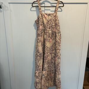 Knox Rose Dress Womens Large Beige Floral Tiered Maxi Smocked Boho Sundress